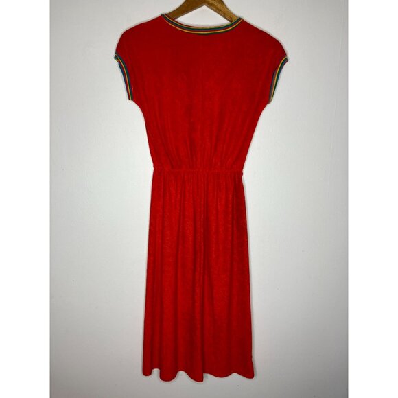 Vintage 70s Red Terry Cloth Dress Rainbow Trim Pocket Elastic Waist Womens XS - Picture 8 of 10